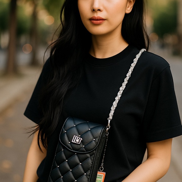 Badgley Mischka Black Quilted Crossbody Phone case with card pockets in back - Picture 1 of 4